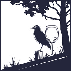 Fototapeta premium Serene bird, wineglass, tree silhouette; elegant, monochrome nature scene.