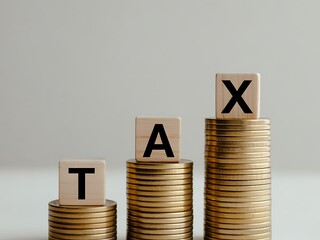 Wooden blocks spelling tax on stacked coins finance money
