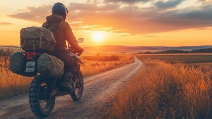 Adventurous Motorcyclist Riding on Dirt Road at Sunset Surrounded by Golden Fields, Capturing the Essence of Freedom and Exploration in Nature