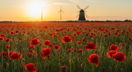 Obraz premium Poppy Field at Sunset with Windmill