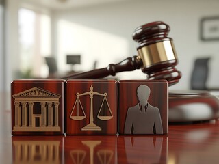 Wooden blocks with legal symbols and a gavel justice courtroom