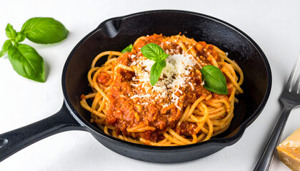 Delicious Spaghetti with Bolognese Sauce Served on Cast Iron Pan