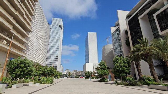 Casablanca, Morocco - 8 July 2025 : view of Casa Finance City district in Casablanca,  contemporary modern buildings with unique architectural designs , CFC buildings outdoor on a sunny day.
