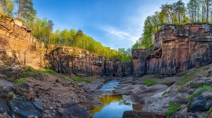 Breathtaking Panoramic View of a Serene Canyon with Green Vegetation, Clear Blue Sky, and Reflections in Water, Capturing Nature's Tranquil Beauty and Geological Wonders