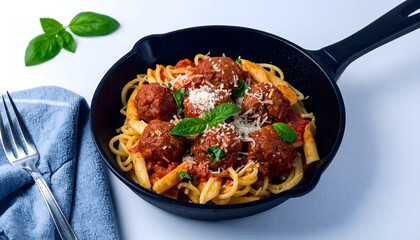 Appetizing Spaghetti with Meatballs in Cast Iron Pan Food Still Life