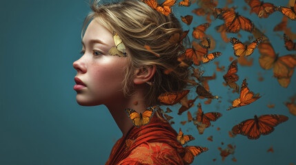 Jeune fille avec papillons colorés