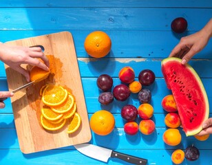 Hands slicing an orange sliced on a cutting board and hands of another person holding a watermelon,...