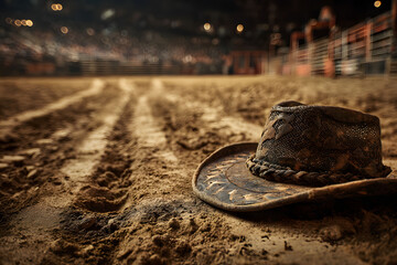 Worn Cowboy Hat on Dirt Arena Floor at Night