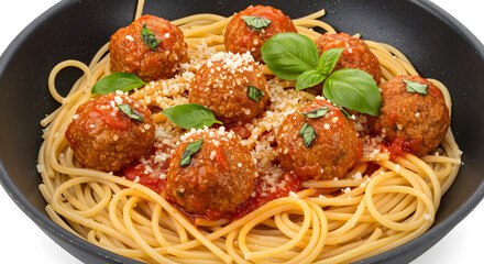 Delicious Spaghetti and Meatballs with Tomato Sauce, Basil and Parmesan Cheese