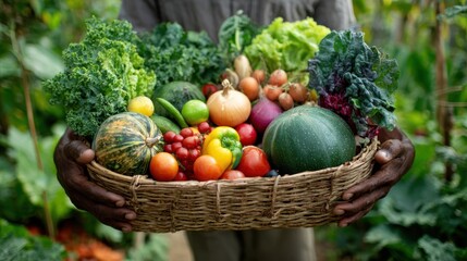 Fototapeta premium Hands holding a basket full of freshly harvested organic vegetables in a lush garden setting with rich natural light perfect for healthy lifestyle visuals and sustainable agriculture promotions