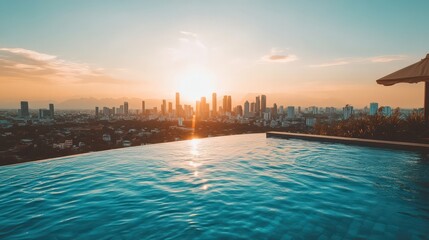 Breathtaking Sunset View Over a Skyscraper Skyline with Infinity Pool in the Foreground, Capturing Urban Tranquility and Natural Beauty