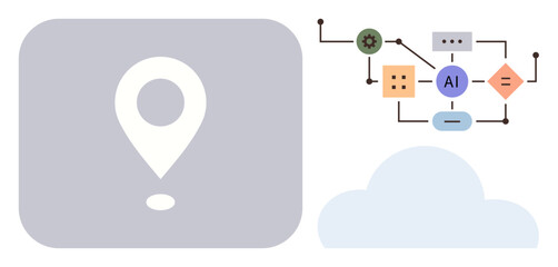 Location marker, cloud shape, and AI decision flowchart with gears and connectors. Ideal for technology, automation, navigation, cloud computing, AI integration innovation workflow. Minimalist flat