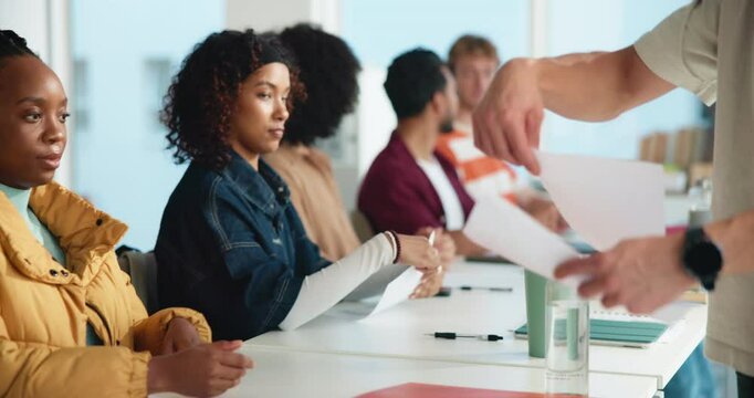 Education, collect and students at desk with test, paper or assessment in university class at school. Done, complete or people with document for college, quiz or questionnaire for learning evaluation