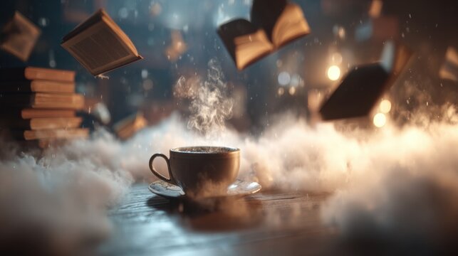 Fantasy concept of a steaming coffee cup surrounded by floating books and glowing particles in dreamy ambient light perfect for magic-themed visuals, reading promotions and surreal storytelling