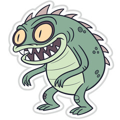 A cartoon green monster with sharp teeth and large yellow eyes standing on two legs with its arms outstretched looking menacing and slightly goofy