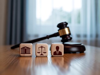 Wooden cubes with legal symbols and a gavel justice court