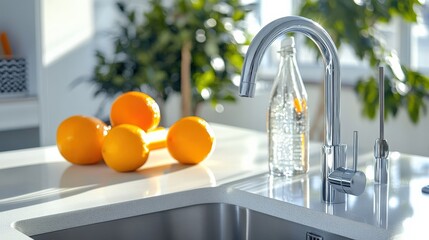 Bright and Modern Kitchen Scene Featuring Fresh Oranges, a Sleek Chrome Faucet, and Elegant Glass Bottles on a Crisp White Countertop Surrounded by Nature