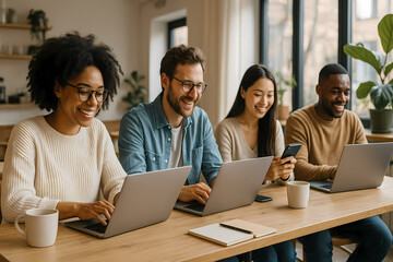 Group of diverse professionals engaged in collaborative work at a modern coworking space during the day Generative AI