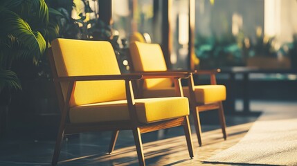 Bright Yellow Vintage Chairs in a Sunlit Room Surrounded by Lush Green Plants, Creating a Cozy and Inviting Atmosphere for Relaxation and Leisure Moments