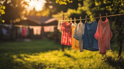 Brightly Colored Shirts Hanging on a Clothesline in a Sunlit Garden with Green Grass and Soft Bokeh in the Background during a Warm Summer Evening
