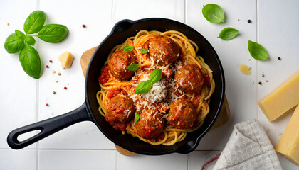 Delicious and Appetizing Spaghetti Meatball Dish with Parmesan Cheese Topping
