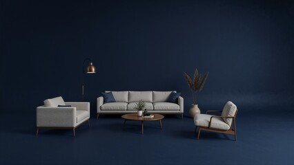 Minimalist spacious living room with navy blue background	
