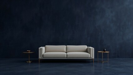 Minimalist spacious living room with navy blue background	
