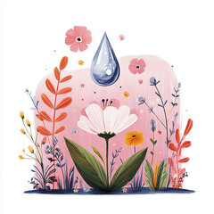 Colorful flowers and a drop of water on a soft pink background  