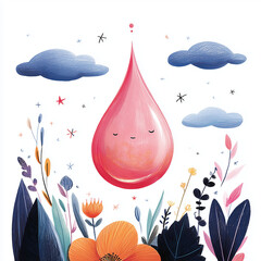 Cute pink water droplet surrounded by colorful flowers and clouds  