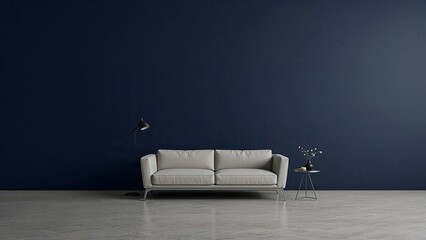Minimalist spacious living room with navy blue background	
