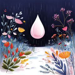 Colorful flowers and pink drop illustration in a dark background  