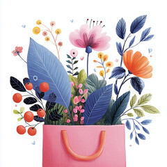 Colorful flowers and leaves emerging from a pink shopping bag  