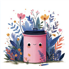 Cute pink trash can surrounded by colorful flowers and greenery  