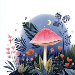 Vibrant pink mushroom surrounded by colorful flowers at night  