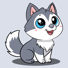 A Cartoon Siberian Husky Dog with Blue Eyes Vector Kawaii Illustration