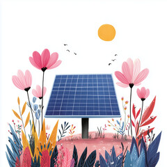 Solar panel surrounded by colorful flowers and sun in nature  