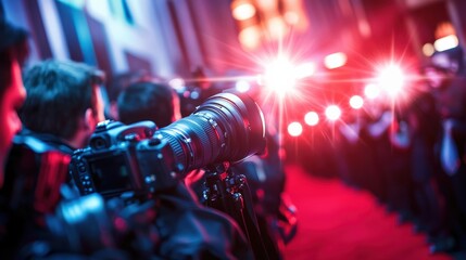 Cameras and Photographers at a Glamorous Red Carpet Event Surrounded by Bright Flashing Lights and Celebratory Atmosphere Capturing Special Moments in Time