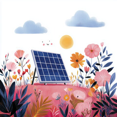 Solar panel surrounded by colorful flowers under sunny sky  