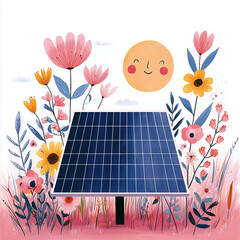 Solar panel surrounded by colorful flowers and smiling sun illustration  