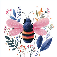Colorful bee illustration surrounded by vibrant flowers and plants  