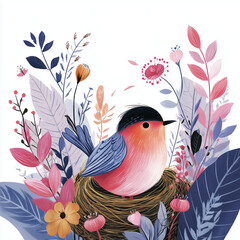 Colorful illustration of a bird sitting in a nest surrounded by flowers  