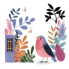 Cute bird standing near colorful leaves and blue door illustration  