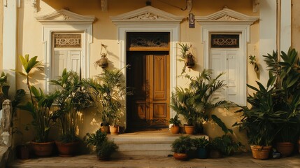 Charming Entrance of a Historical House Surrounded by Lush Greenery and Tropical Plants in a Quaint Neighborhood in the Late Afternoon Sunlight