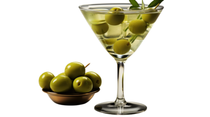 Green olives in glass and bowl isolated on transparent background. PNG