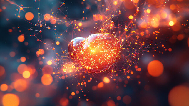 Abstract glowing orbs with bright particles on dark blurred background