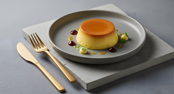 Pudding served on a concrete base with modern cutlery, neutral lighting and a clean aesthetic for use in sophisticated packaging or menus