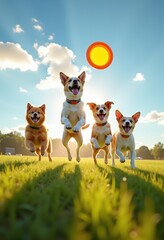 energetic dogs playing frisbee vibrant open field sunny skies lush green grass, sunset, canine, park, happy, exercise, sport, fun, nature, toss, fetch