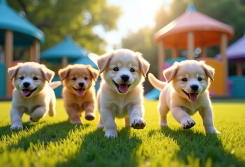 energetic playful puppies colorful outdoor shelter space full joyful exploration lively interaction, canine, animal, grass, ball, toy, fence, leash, sunset