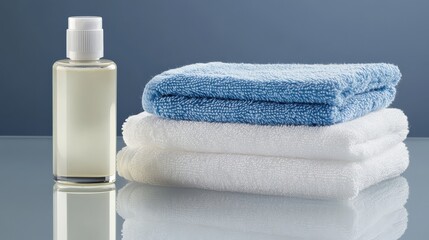 Clean and Refreshing Spa Scene Featuring Soft White and Blue Towels Alongside a Transparent Bottle of Essential Oil on a Polished Surface