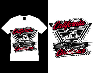Meta california american classic car t-shirt design template. Retro california t-shirt design classic american car vibes with city, sun, clouds, birds, stars, and checkered flag.